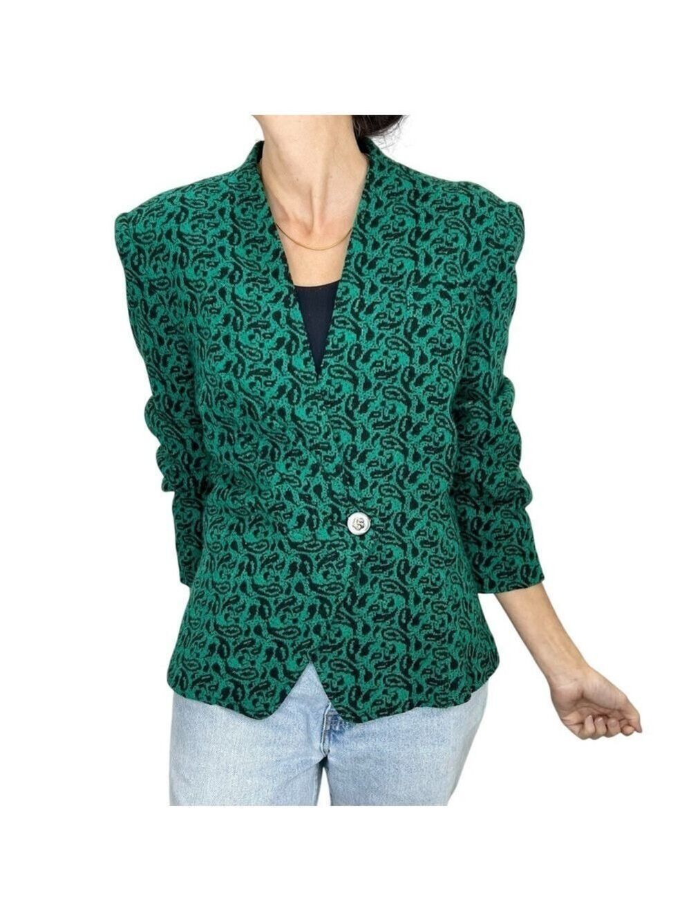 Vintage 80s 90s green black knit paisley damask blazer jacket 13